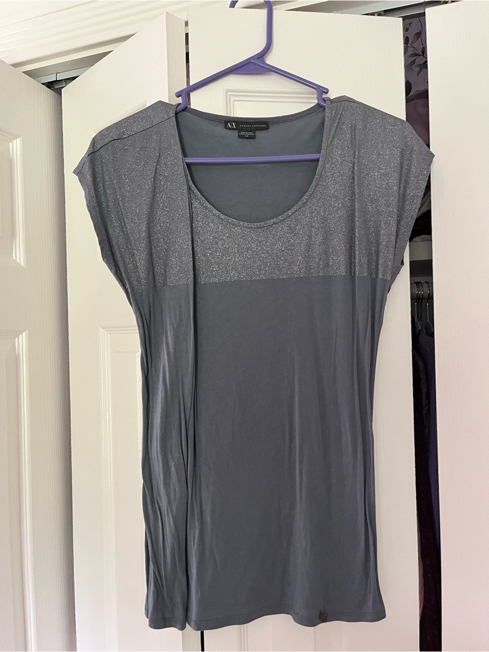 Armani Exchange Gray Shimmery Cap-Sleeve Tee